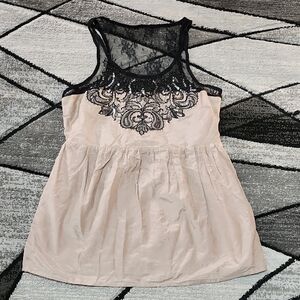 MISS ME EMBROIDERED BLK LACE SEQUIN BEADS COTTON/SILK FAWN SLEEVELESS TUNIC TOP